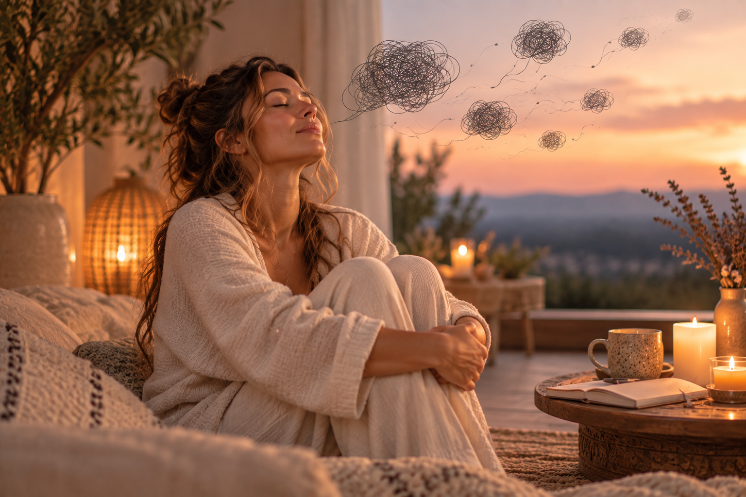 Vrouw laat piekergedachten los met een meditatie voor het slapen